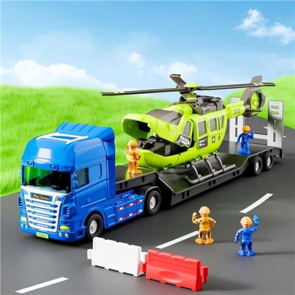 Kids Truck Trailer Toys, Toddler Vehicle Playset W/Helicopter - Picture 4 of 7